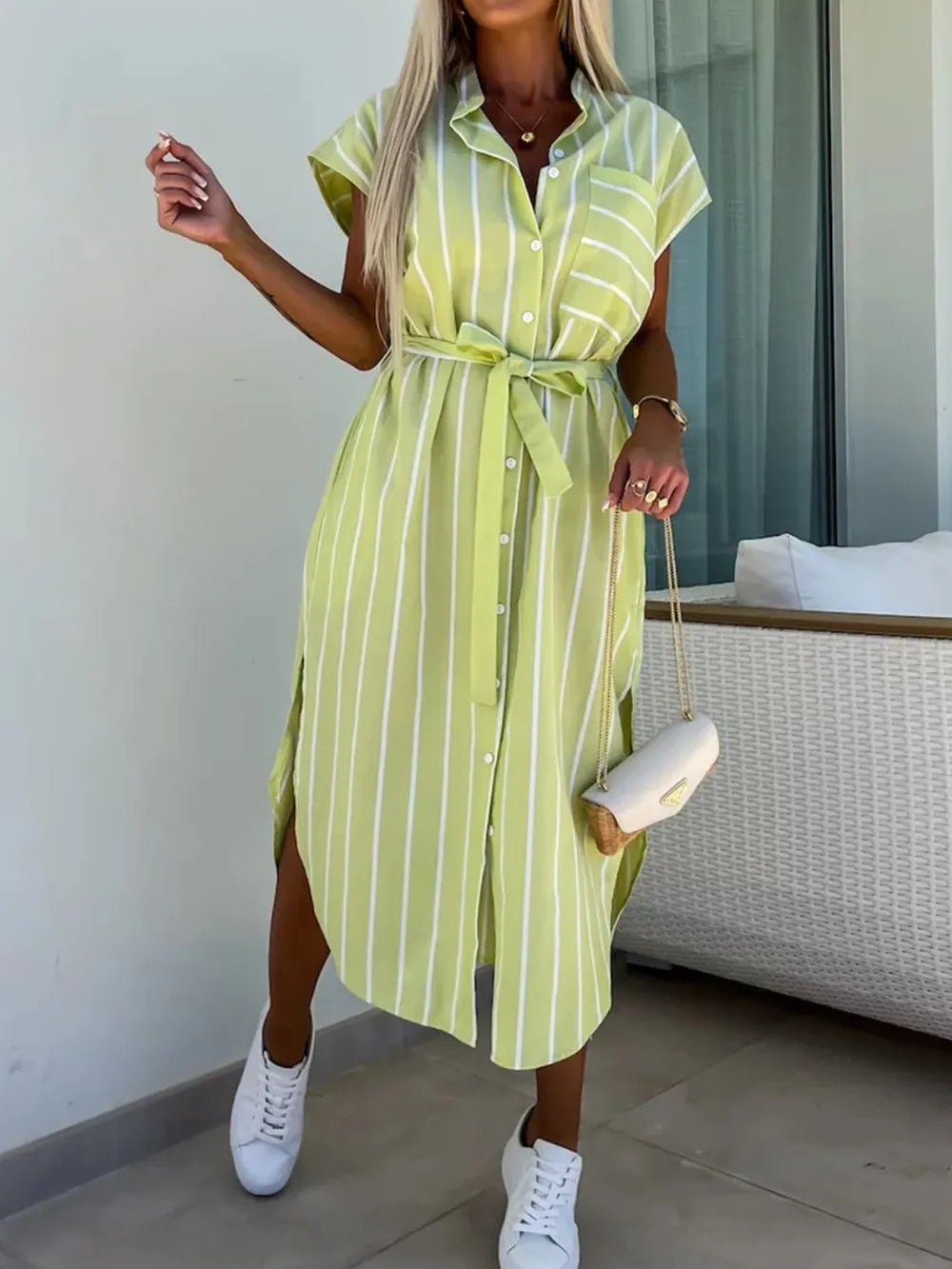 Striped Tie Waist Short Sleeve Dress.