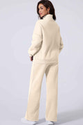 Beige Drop Shoulder Zip Up Jacket Drawstring Pants Active 2pcs Set