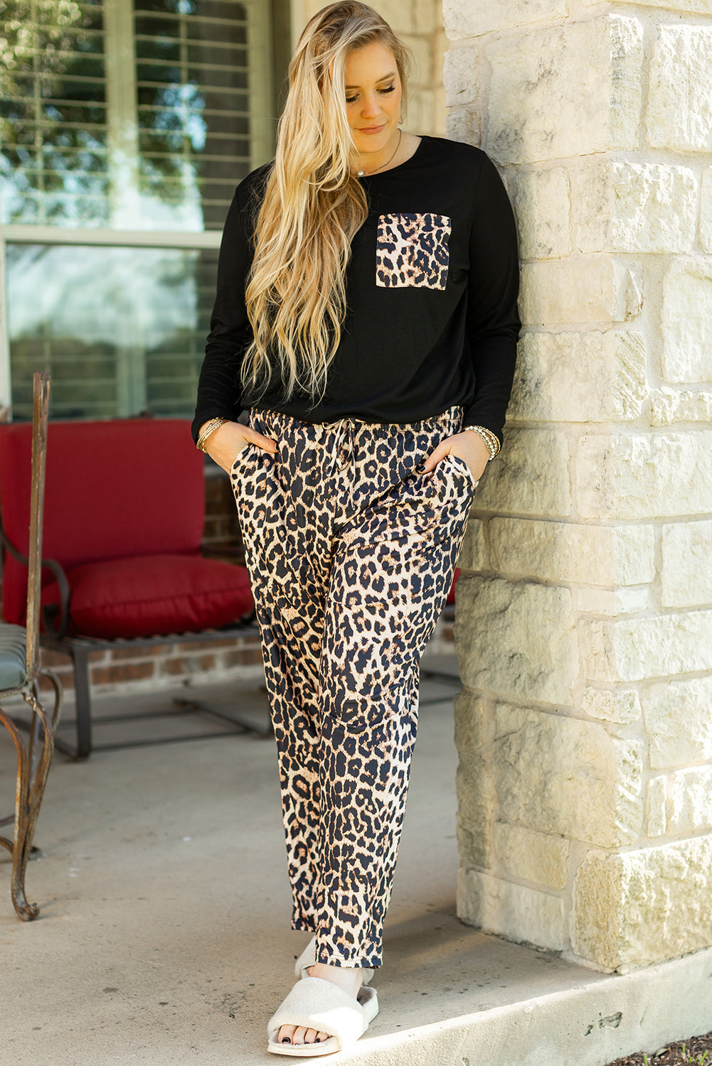 Black Leopard Patched Pocket Long Sleeve Top Plus Size Pants Set Dear-Lover Dropshipping