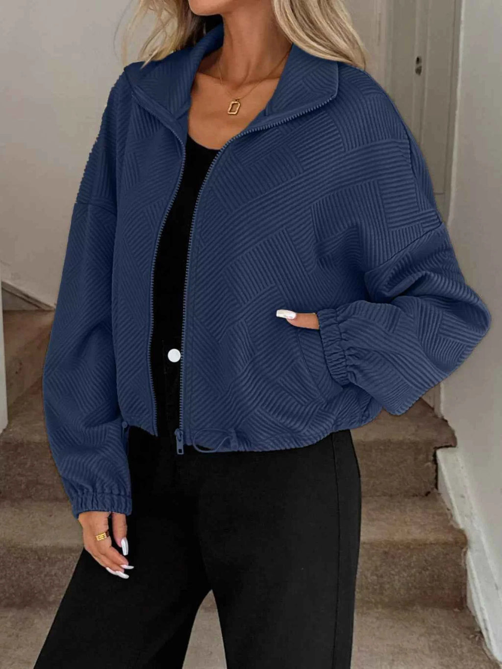 Drawstring Hem Textured Long Sleeve Jacket