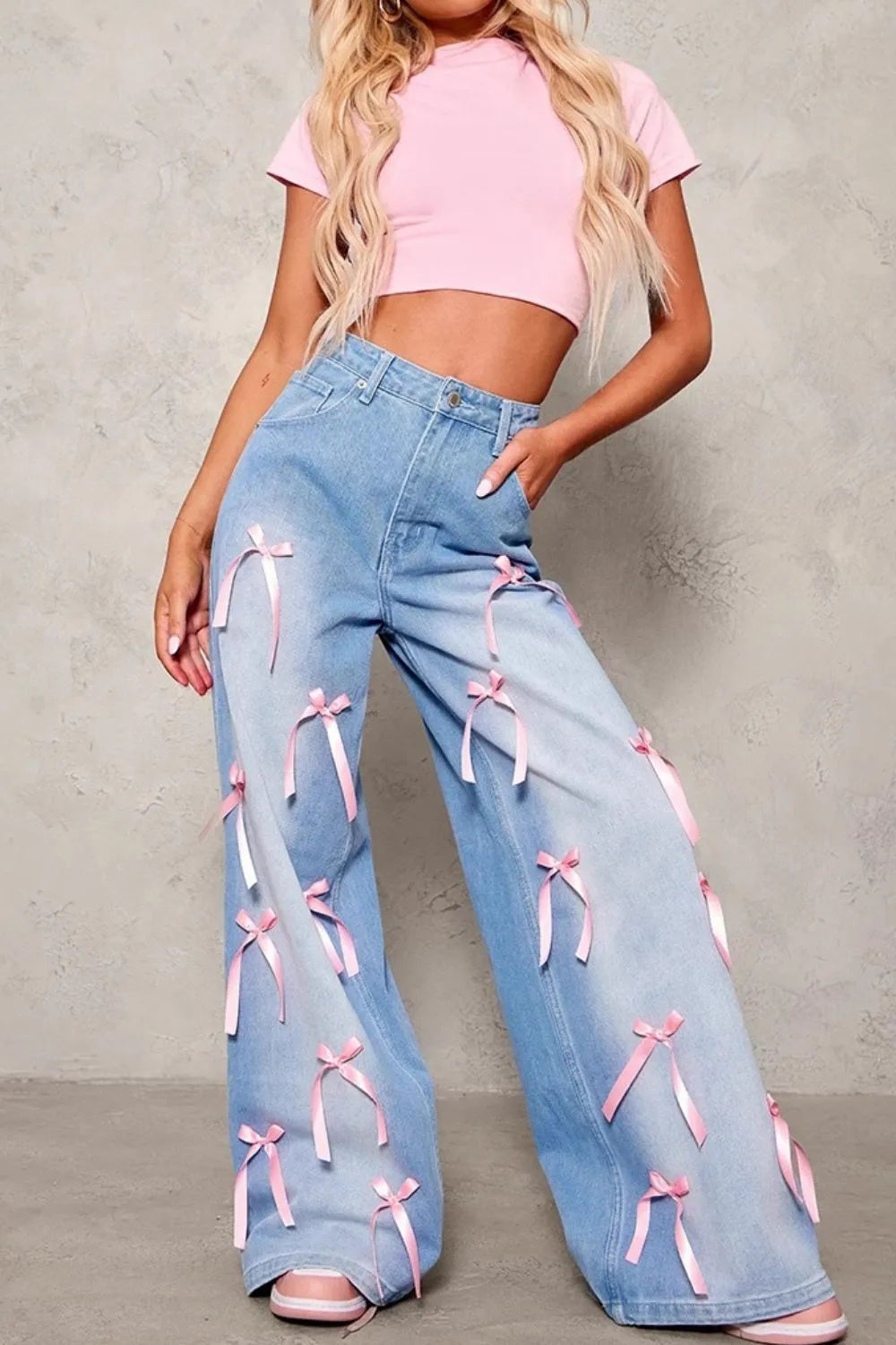 Bow Decorated Wide Leg Denim Jeans.
