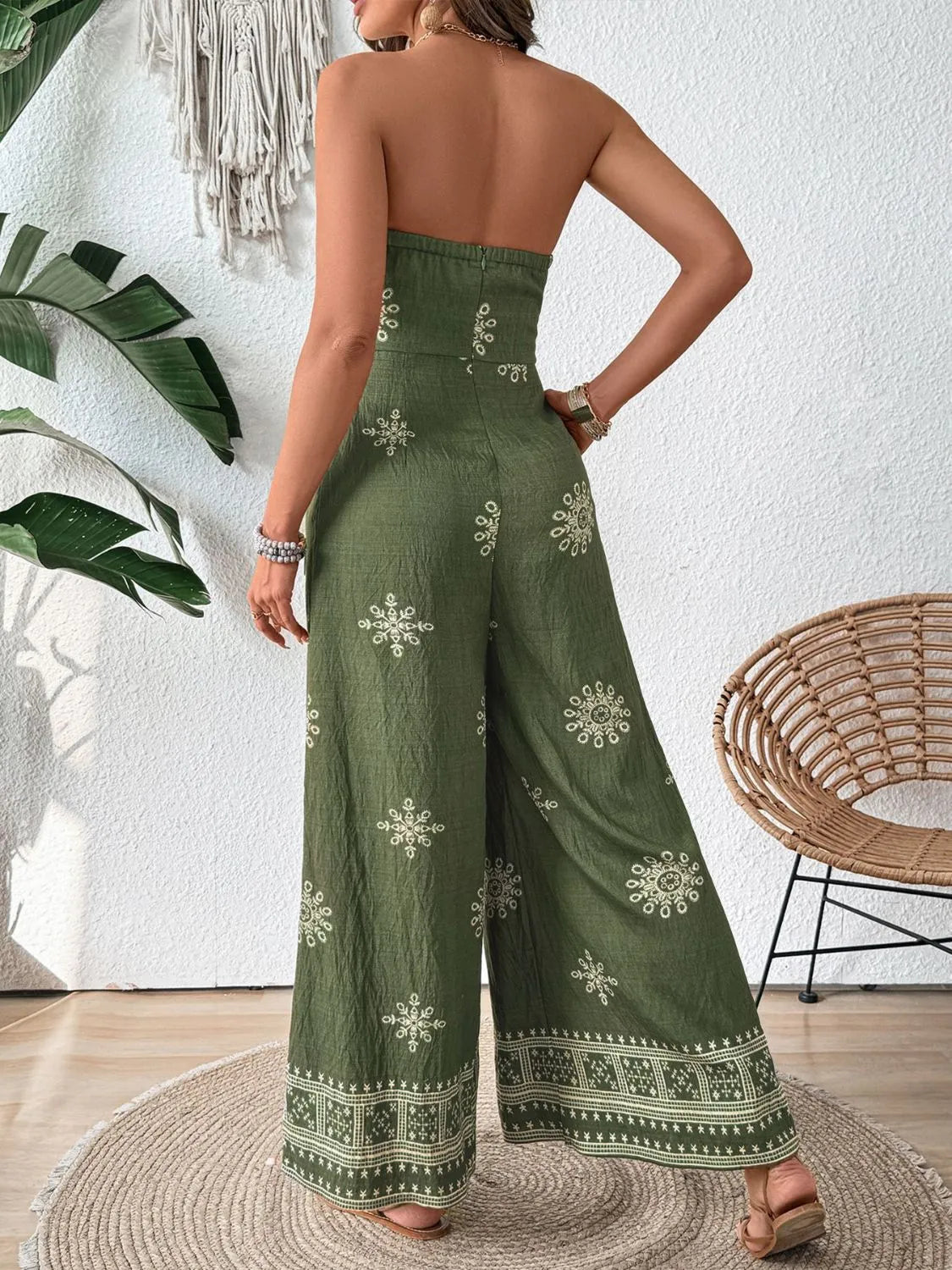 Printed Wide Leg Tube Jumpsuit - CHIC TB