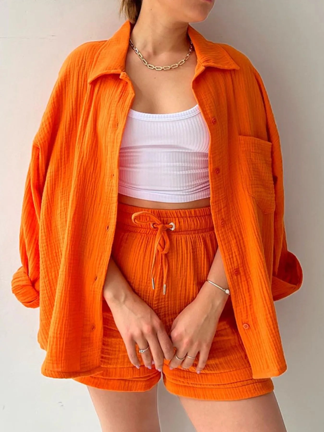 Button Up Shirt and Shorts Set for women.