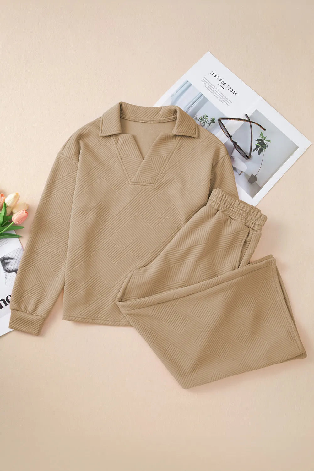 Textured Collared Neck Top and Wide Leg Pants Set.