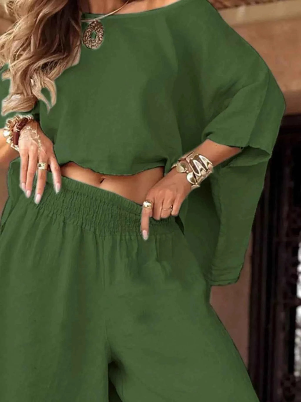 Full Size Boat Neck Top and Wide Leg Pants Set Plus Size.