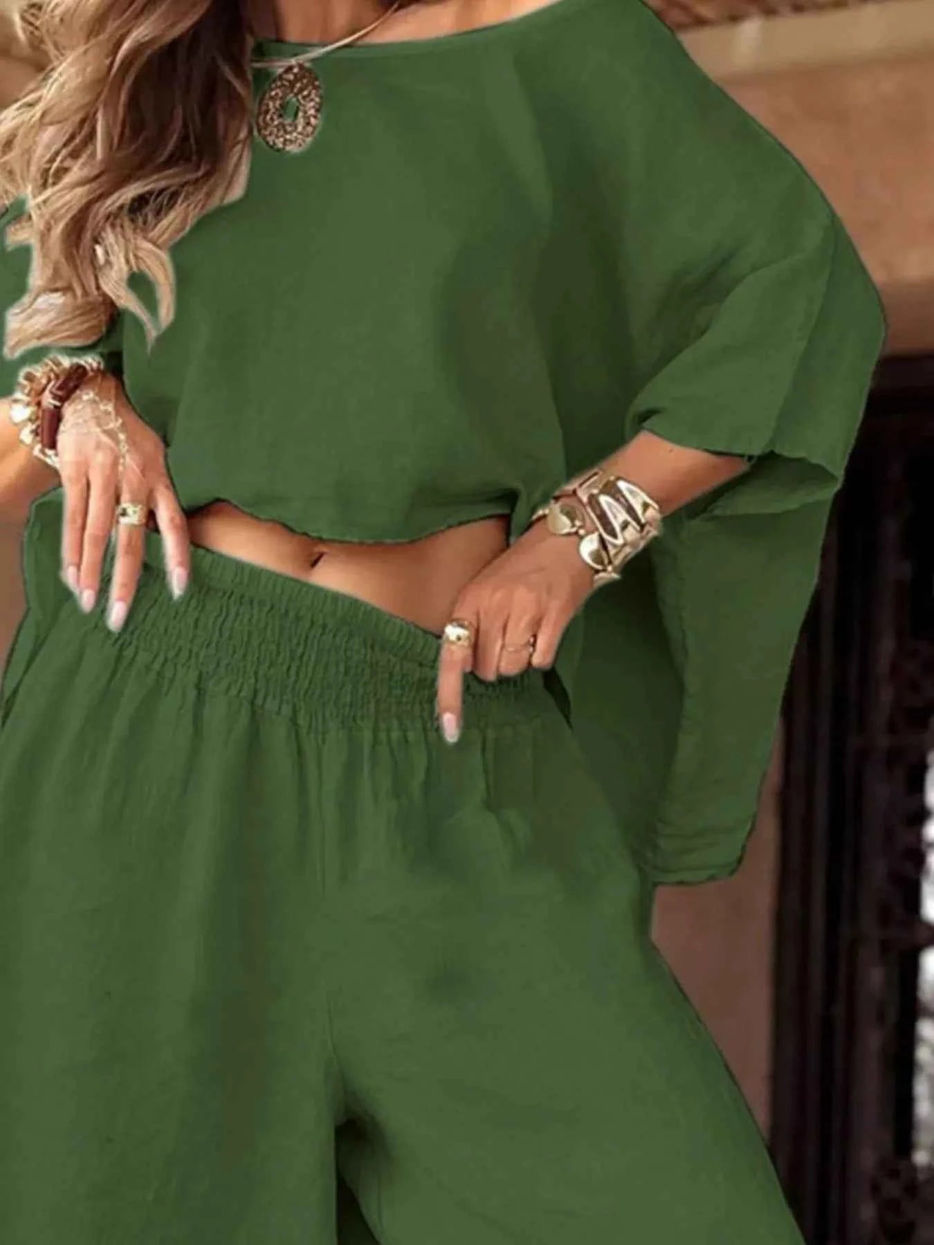 Full Size Boat Neck Top and Wide Leg Pants Set Plus Size.