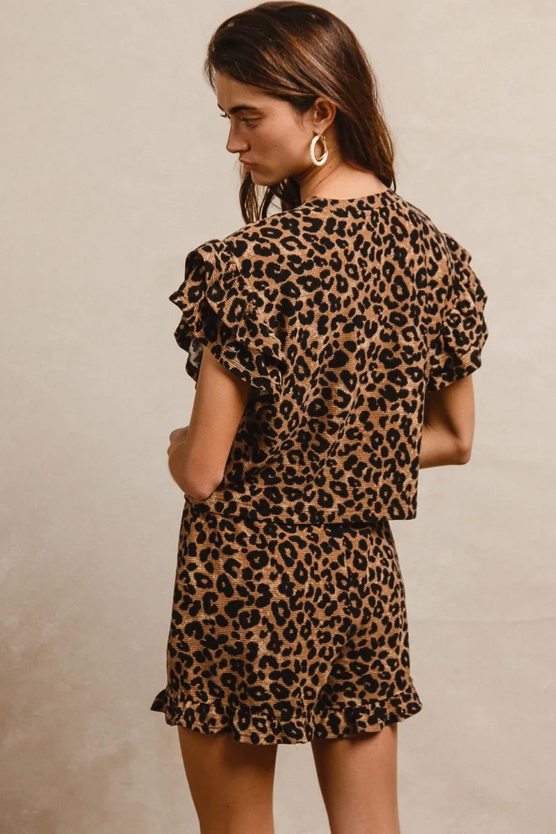 BiBi Leopard Print Waffle Texture Layered Ruffle Sleeve Top and Shorts Set.