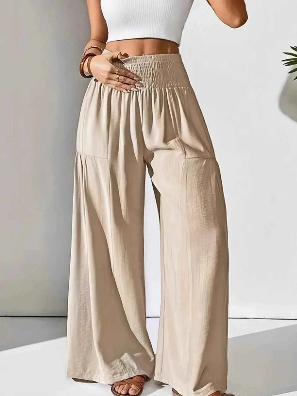 Smocked Waist Wide Leg Pants.