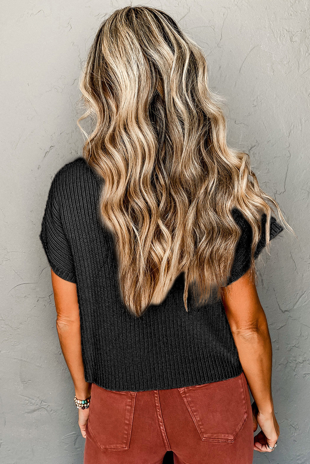 Black Patch Pocket Ribbed Knit Short Sleeve Sweater Dear-Lover Dropshipping