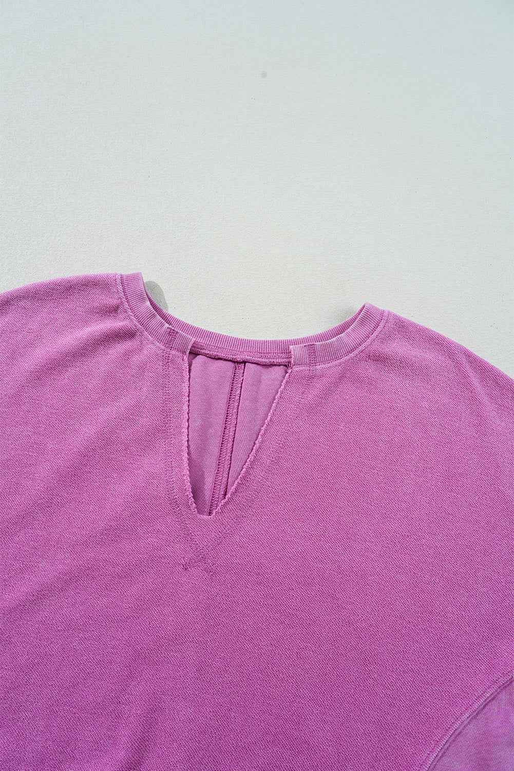 Bright Pink Solid Color Notched Neck Drop Shoulder Sweatshirt