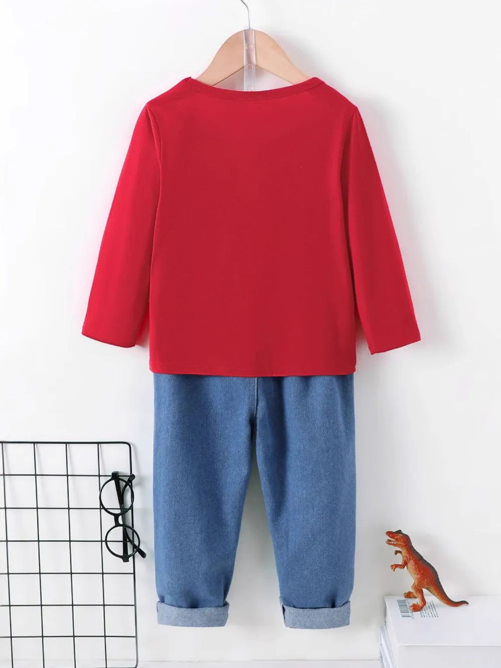Dinosaur Round Neck Long Sleeve Top and Distressed Pants Set.