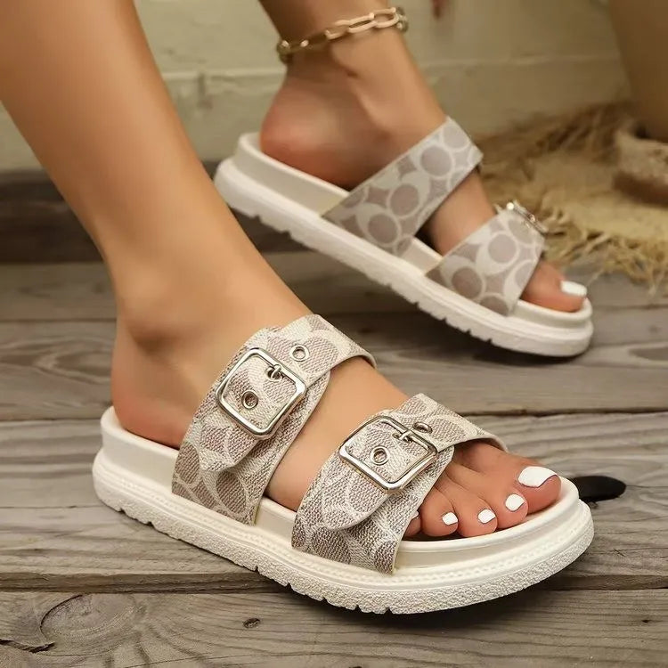 Open Toe Double Buckle Flat Sandals.