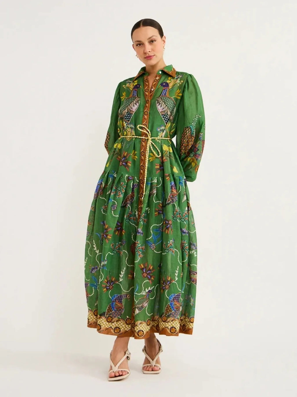 Printed Lantern Sleeve Maxi Shirt Dress.