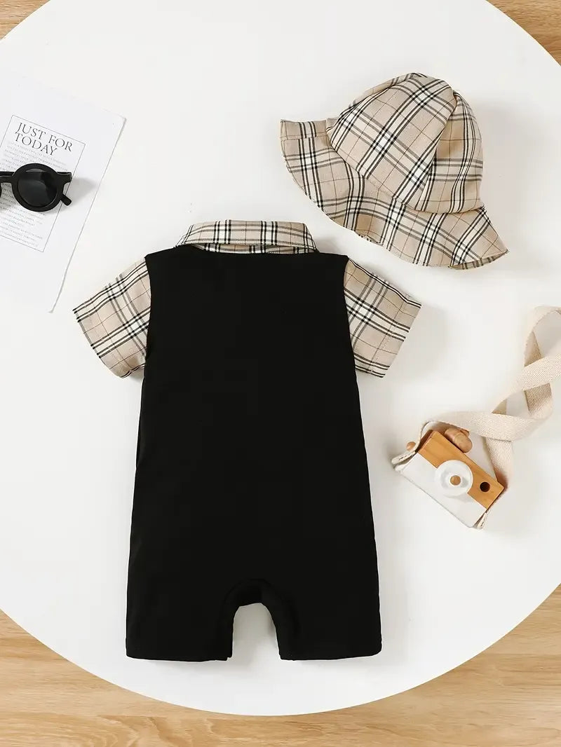 Children's Hat and Plaid Short Sleeve One-Piece Romper.