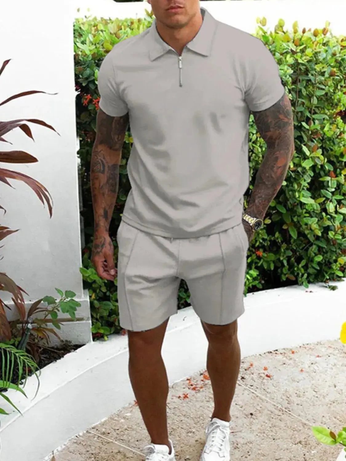 Men's Full Size Collared Neck Short Sleeve Top and Shorts Set Plus Size.