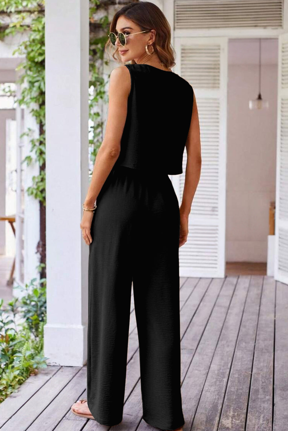 Black Buttoned Vest Drawstring Wide Leg Pants 2pcs Set Dear-Lover Dropshipping