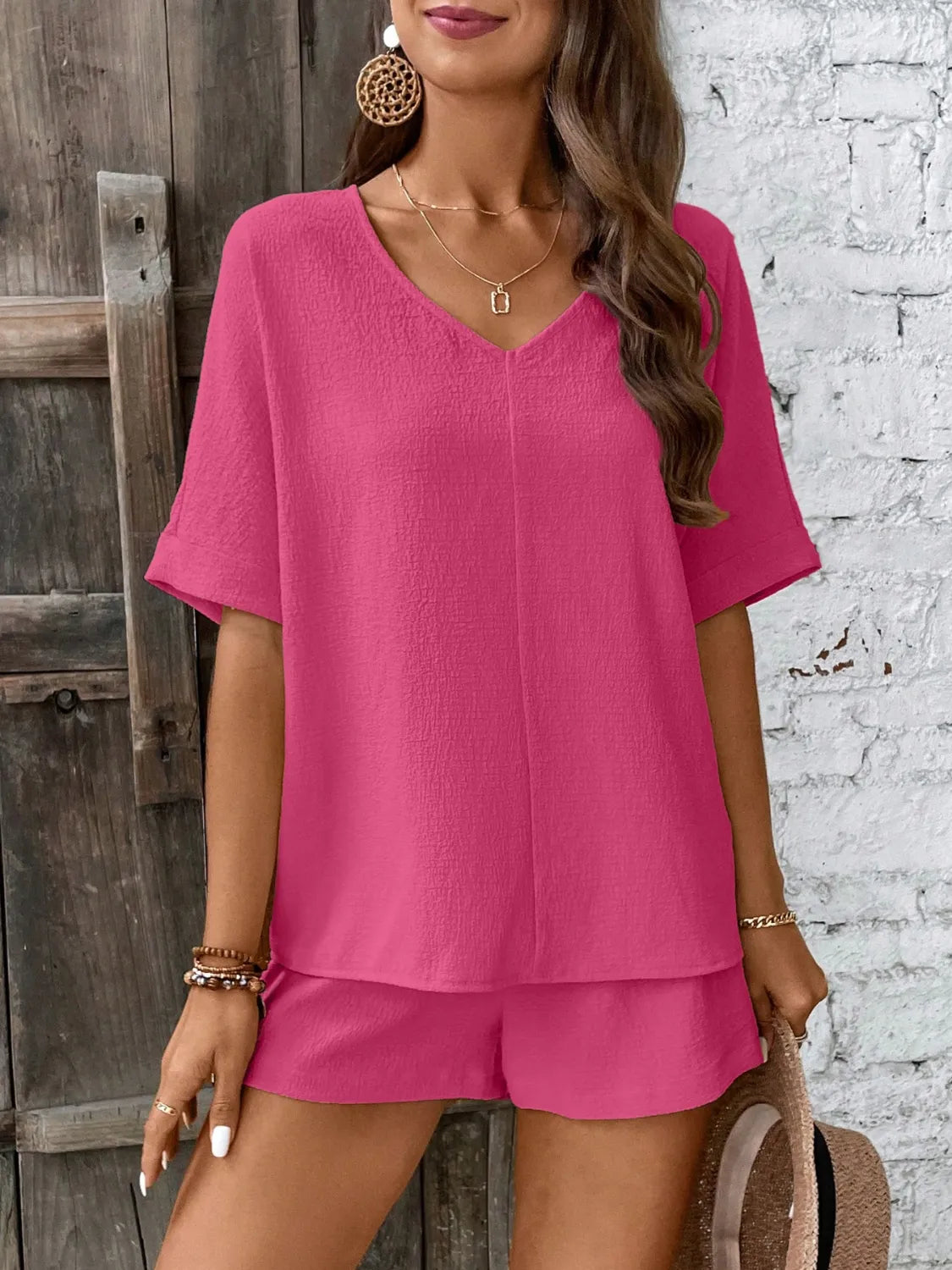 V-Neck Half Sleeve Top and Shorts women Set - CHIC TB