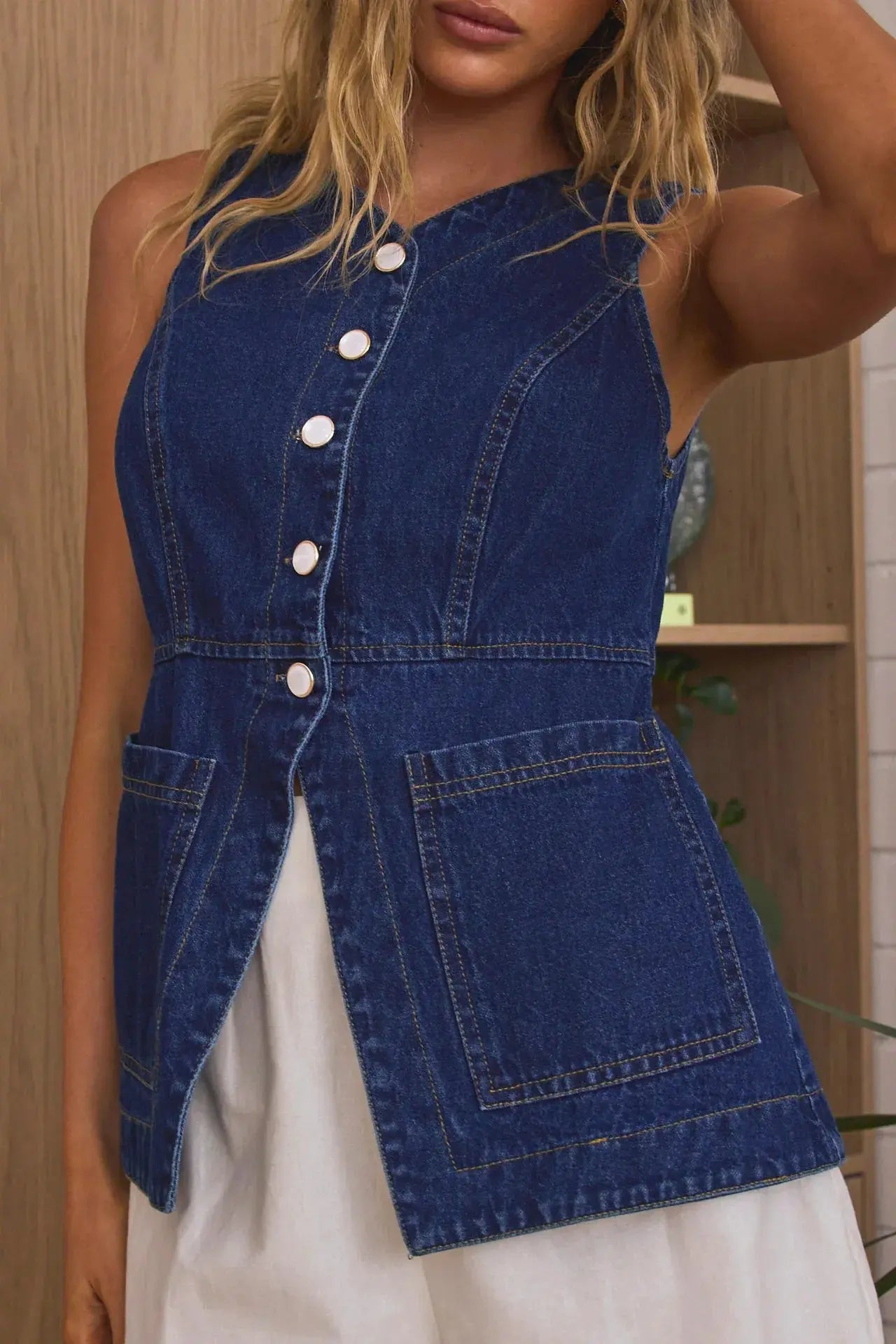 Sleeveless Button-Front Denim Vest Top.