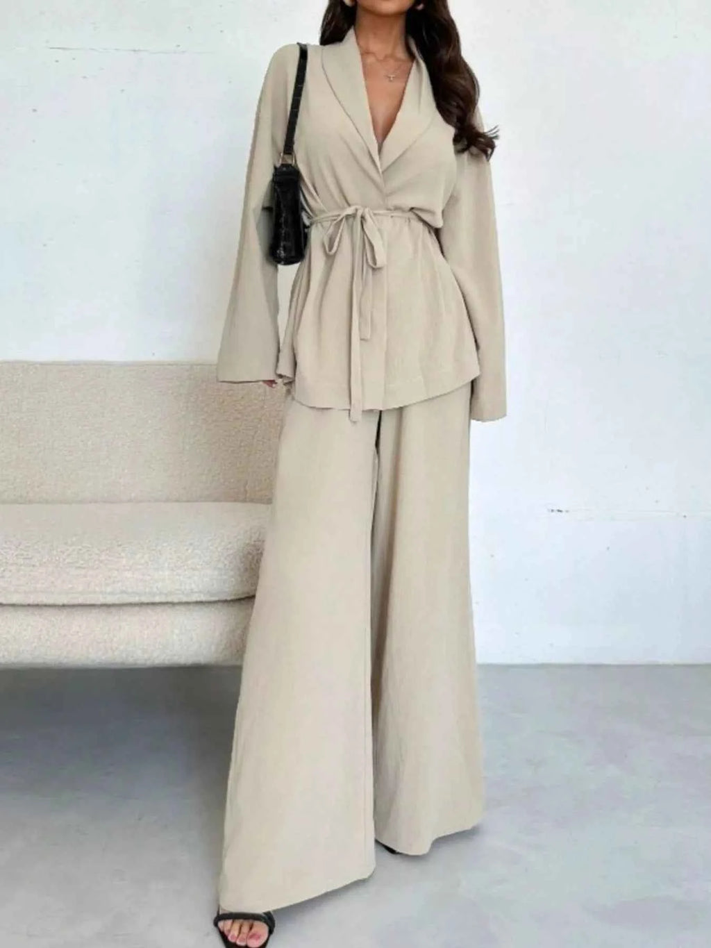 Front Tied Shirt and Wide-Leg Pants Set