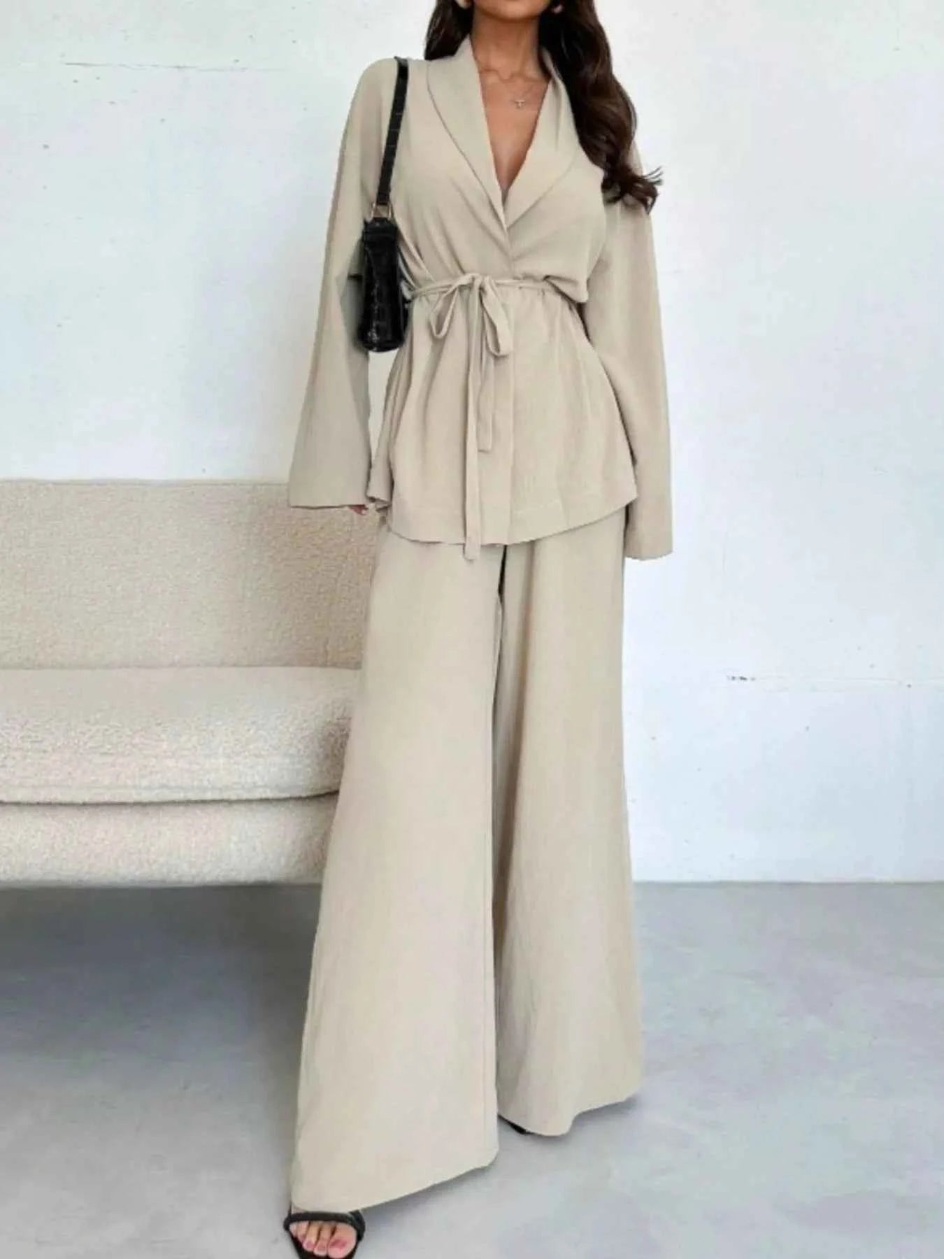 Front Tied Shirt and Wide-Leg Pants Set