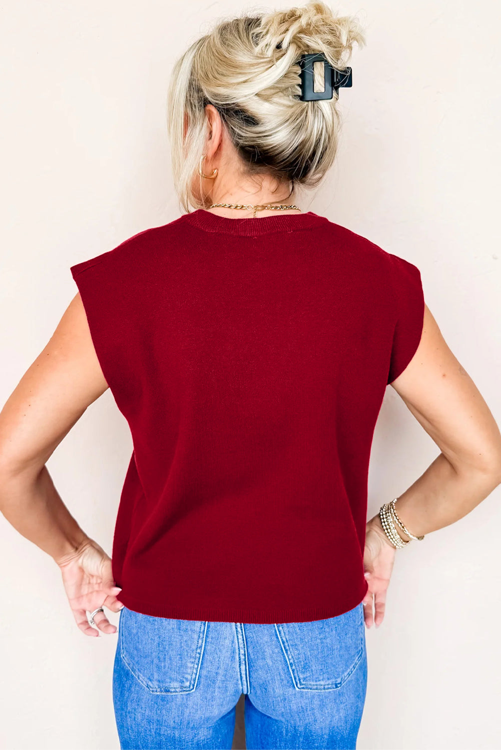 Racing Red Solid Color Crew Neck Knit Cap Sleeve Sweater Dear-Lover Dropshipping