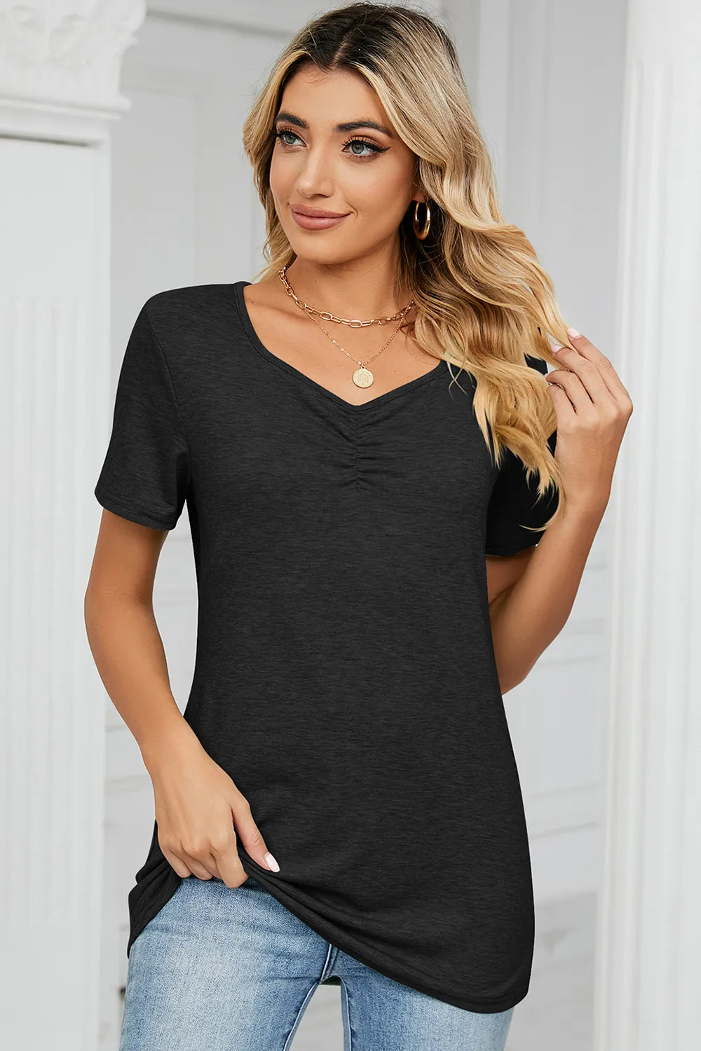 Ruched Heathered Short Sleeve T-Shirt.