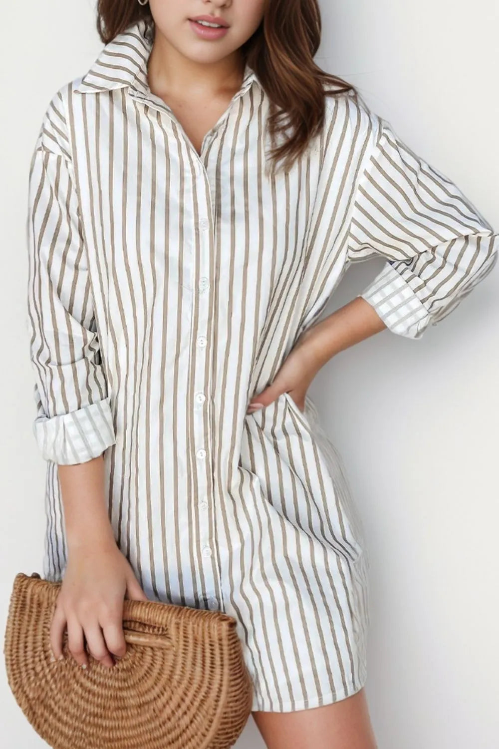 Striped Long Sleeve Mini Shirt Dress.