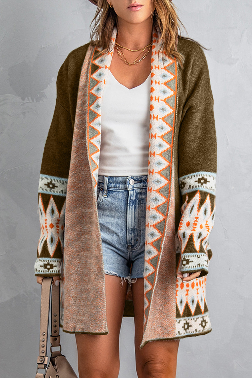 Brown Aztec Print Open Front Knitted Cardigan Dear-Lover Dropshipping