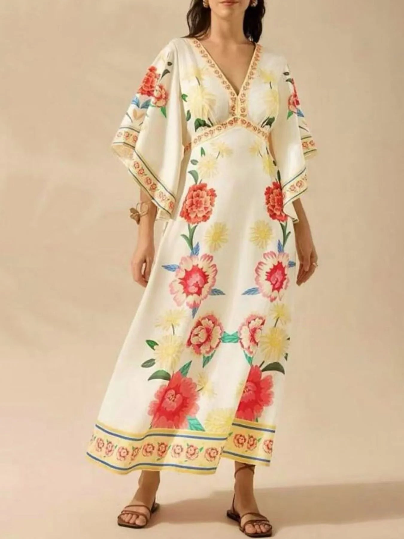 Palm Print V-Neck Midi Dress.