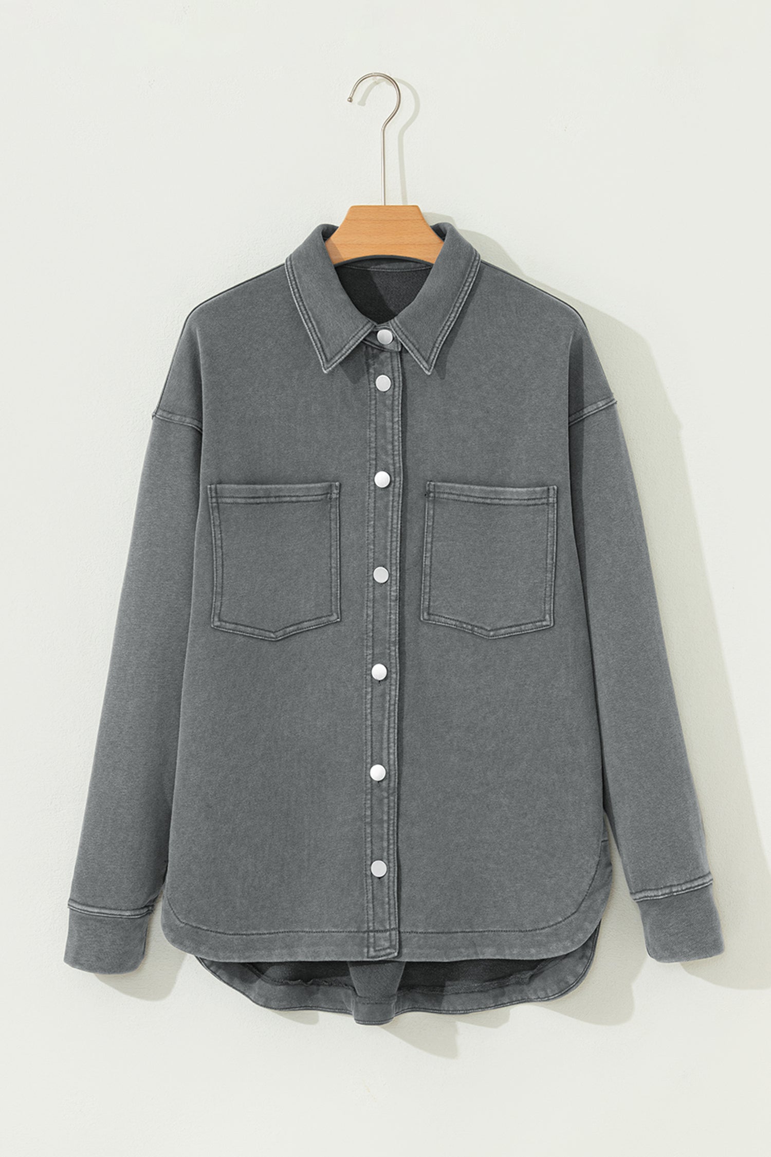 Medium Grey Mineral Wash Chest Pockets Drop Shoulder Shacket with Side Slit