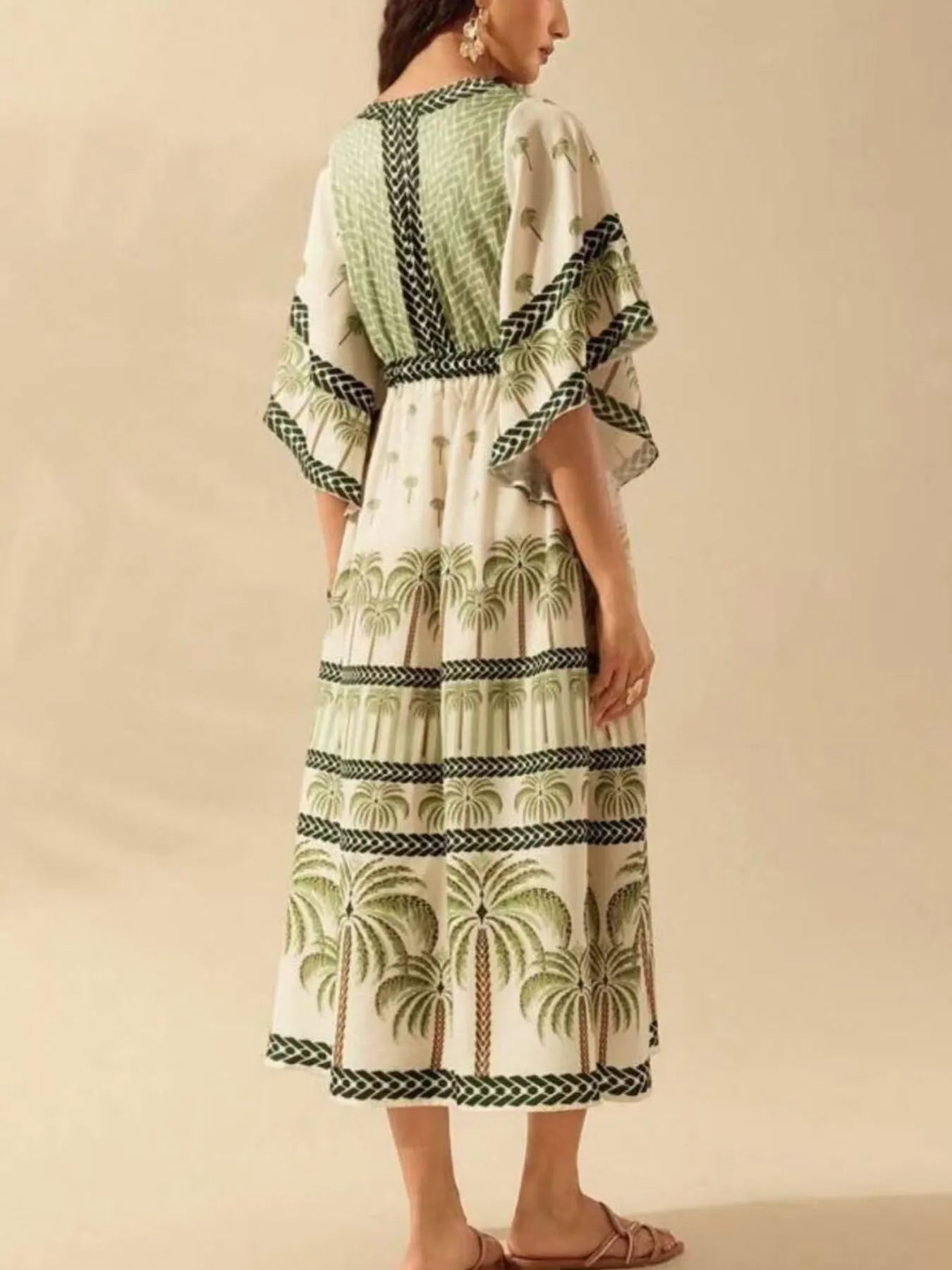 Palm Print V-Neck Midi Dress.