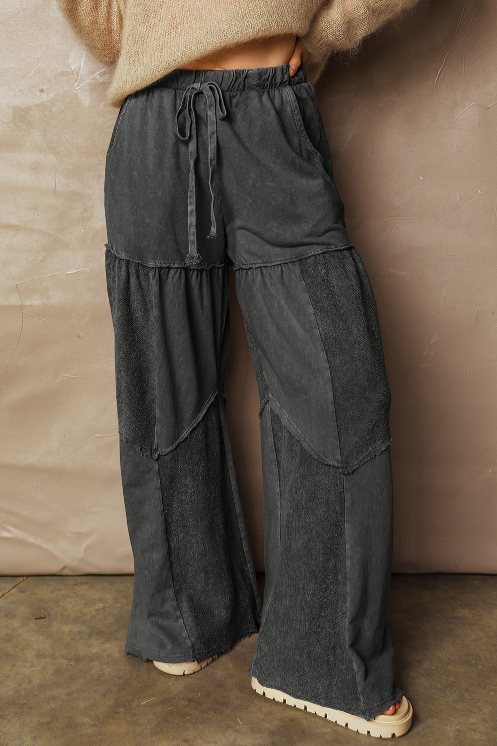 Black Mineral Wash Tiered Wide Leg Patchwork Drawstring Pants Dear-Lover Dropshipping
