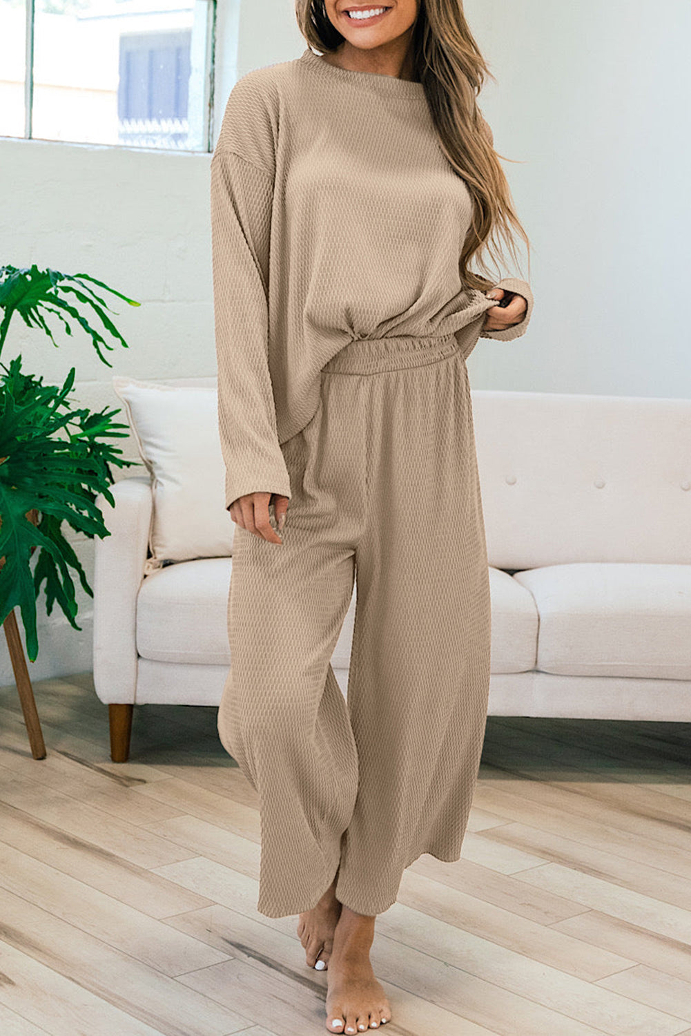 Smoke Gray Loose Textured Pullover and Pants Outfit Dear-Lover Dropshipping