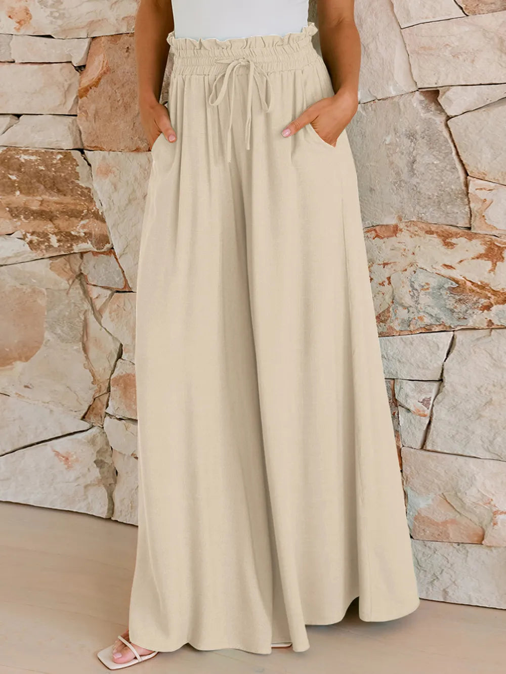 Drawstring Wide Leg Pants with Pockets.