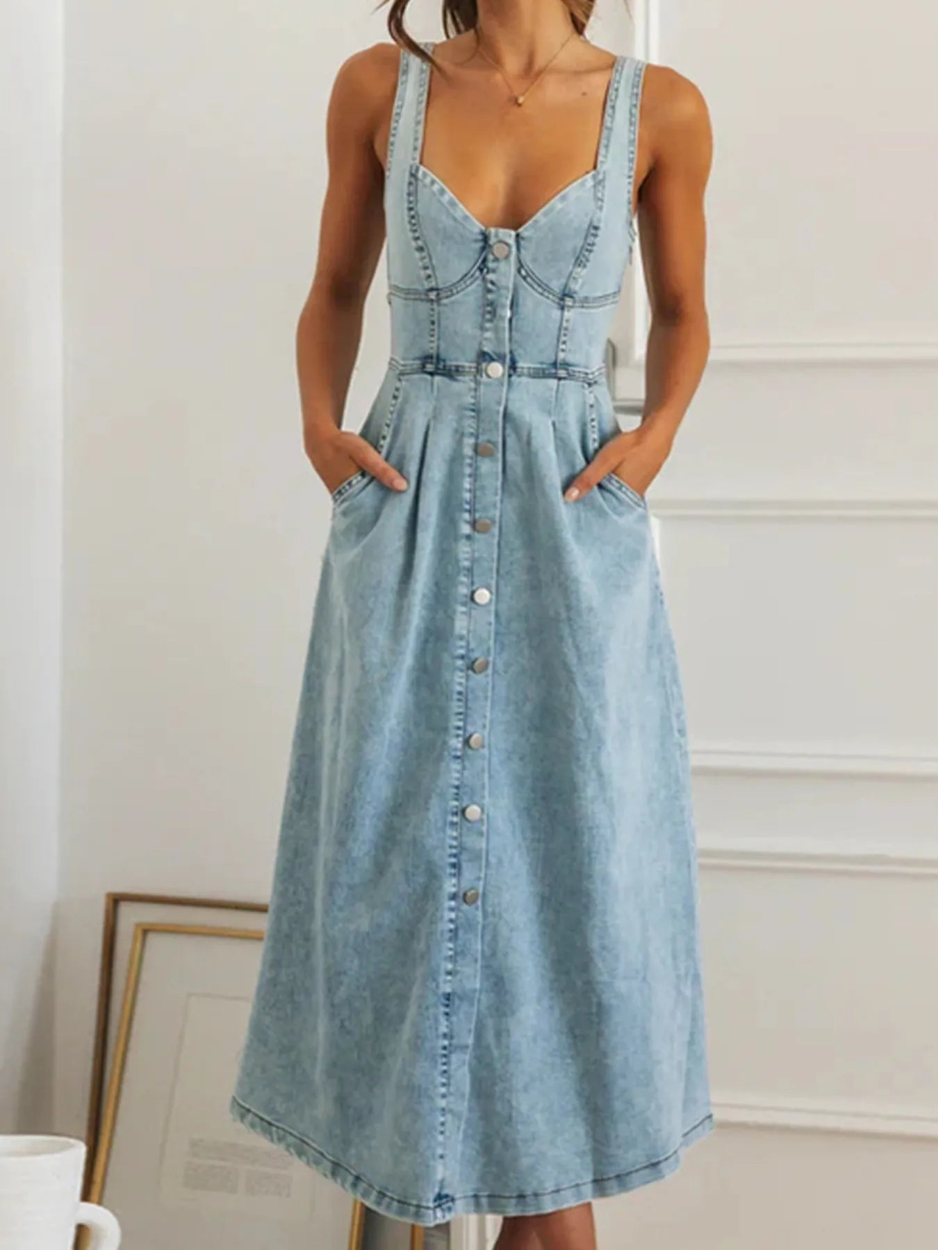 Sweetheart Neck Button-Front Midi Denim Dress.