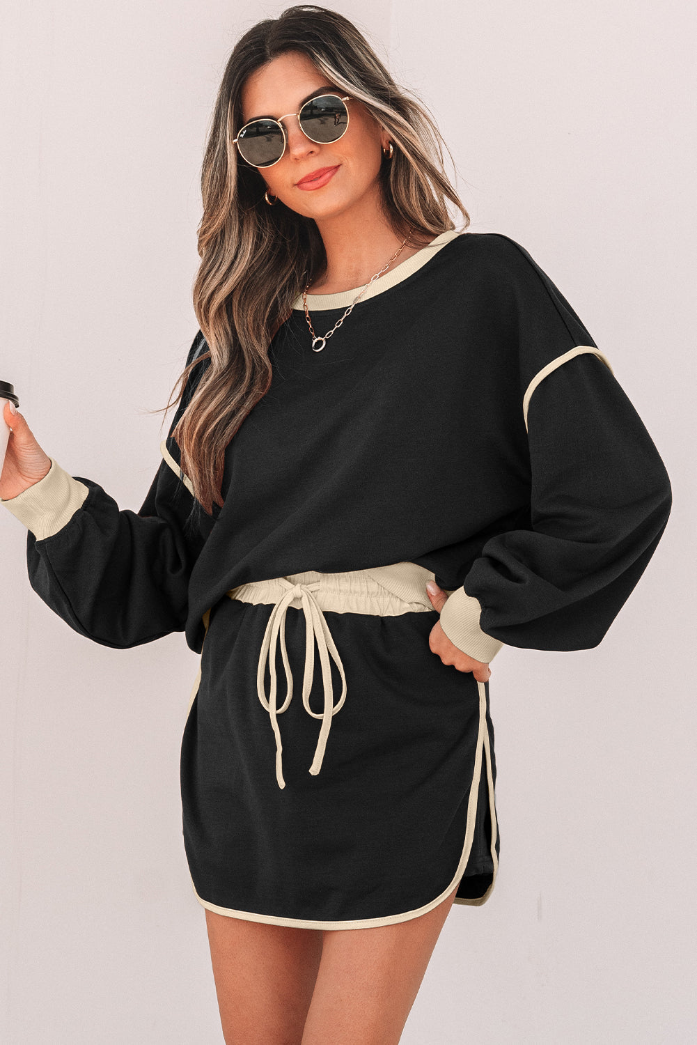 Black Color Contrast Loose Pullover and Lace-up Waist Skort Set Dear-Lover Dropshipping