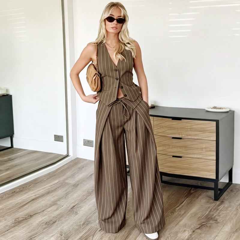 Pinstripe Cinched Waist Vest & Wide Leg Trousers 2-Piece Suit Set
