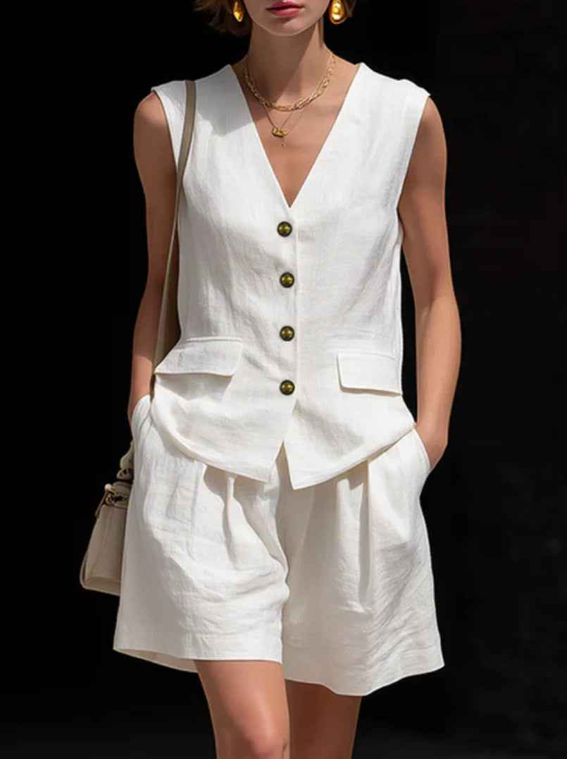 Womens Simple Elegant Cotton-Linen Vest Top And Shorts Two-Piece Set