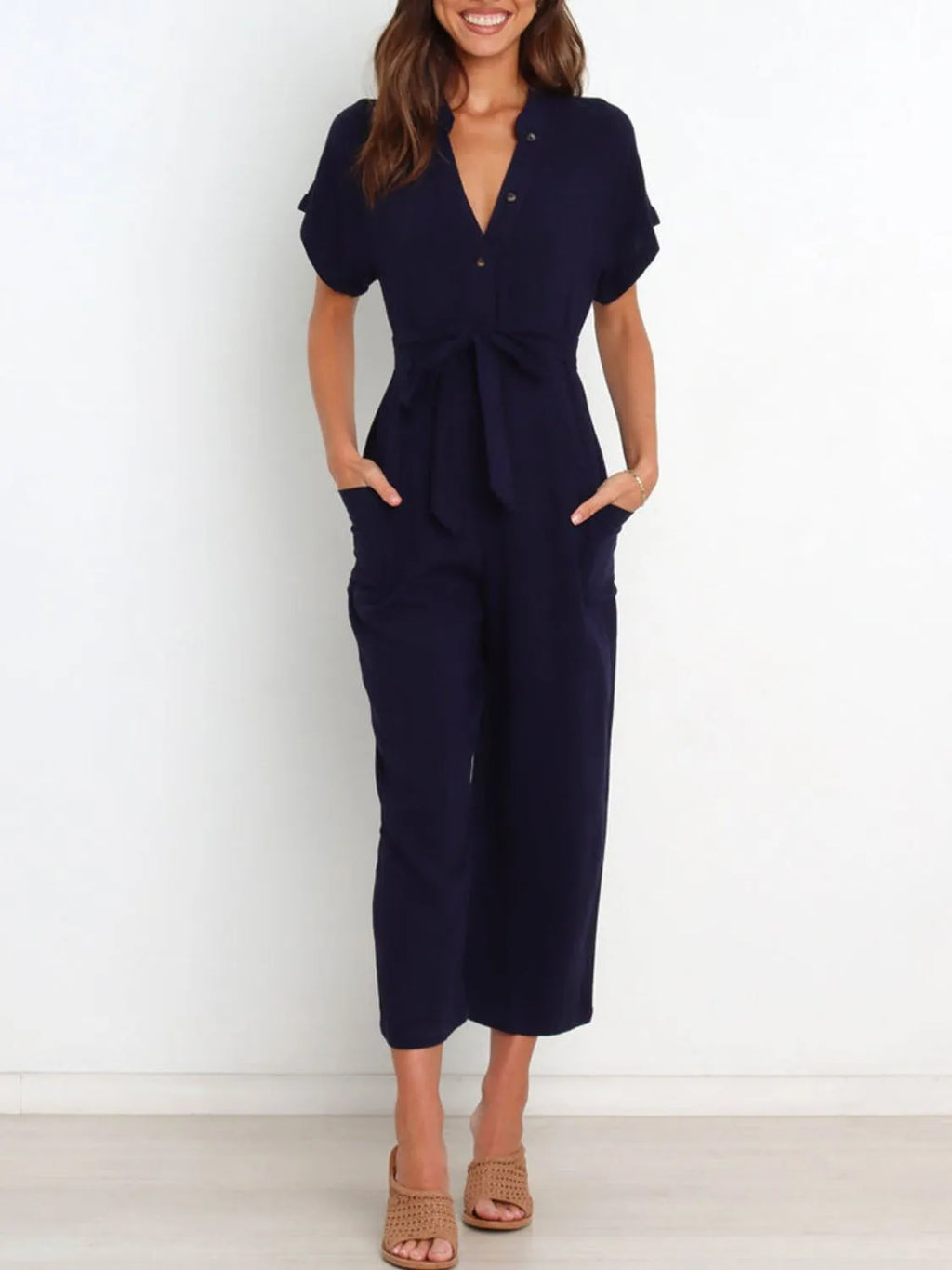 Notched Short Sleeve Tie Waist Jumpsuit.