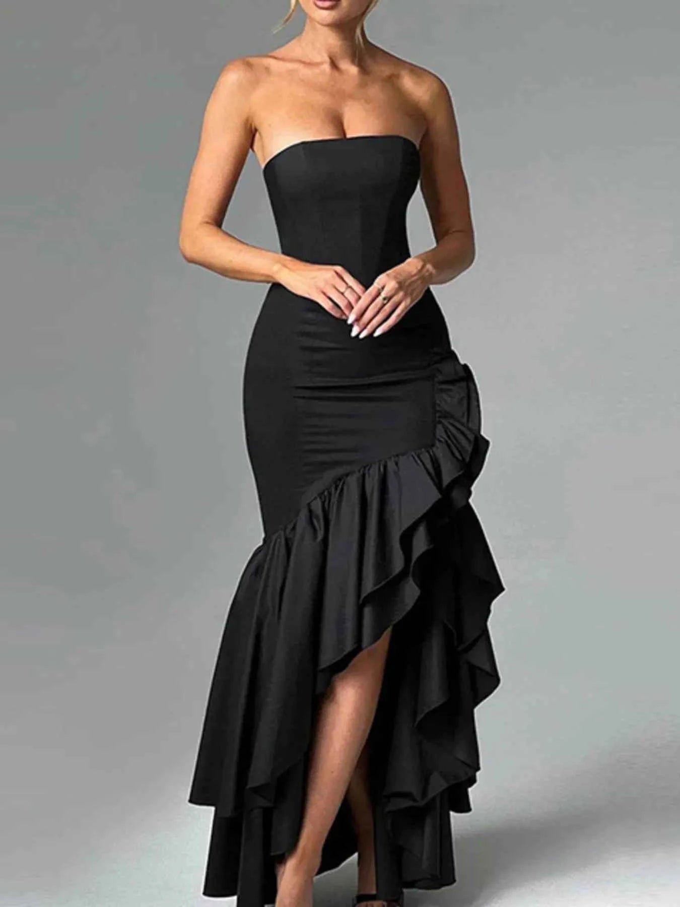 Strapless Ruffle High-Low Bodycon Dress.