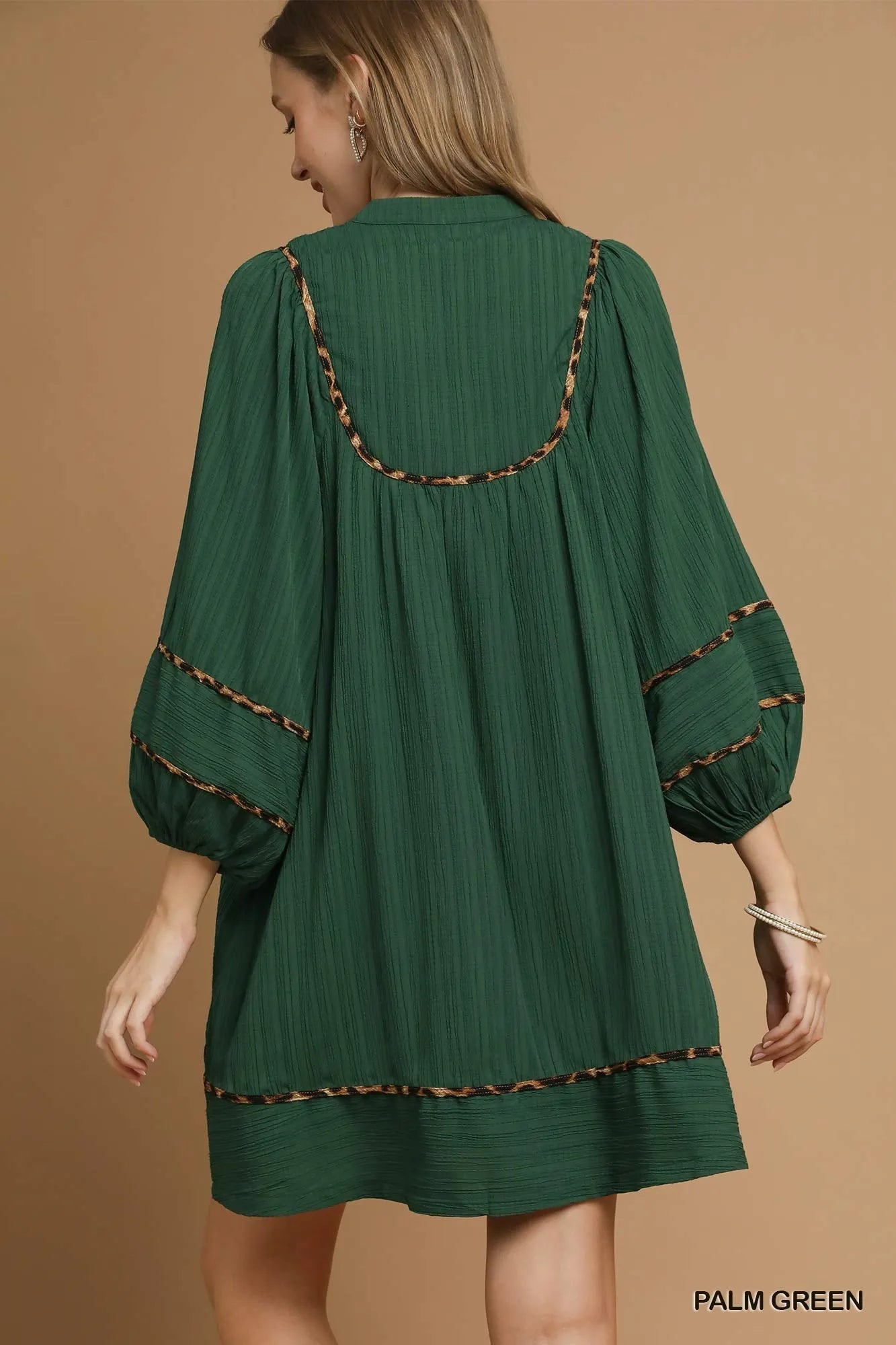 Umgee Textured Babydoll Dress with Leopard Trim.