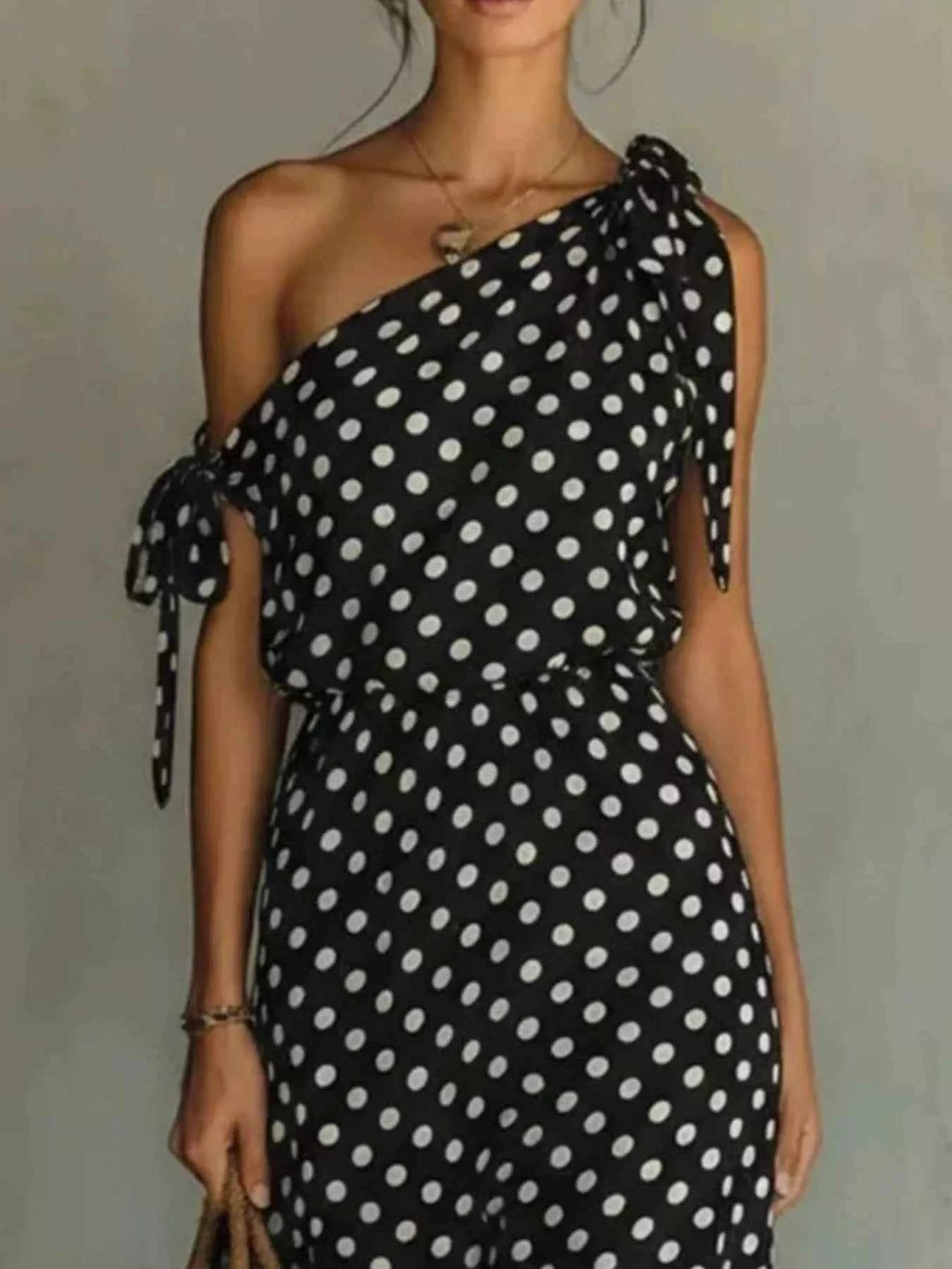 Full Size Polka Dot One-Shoulder Maxi Dress with Tie Details Plus Size