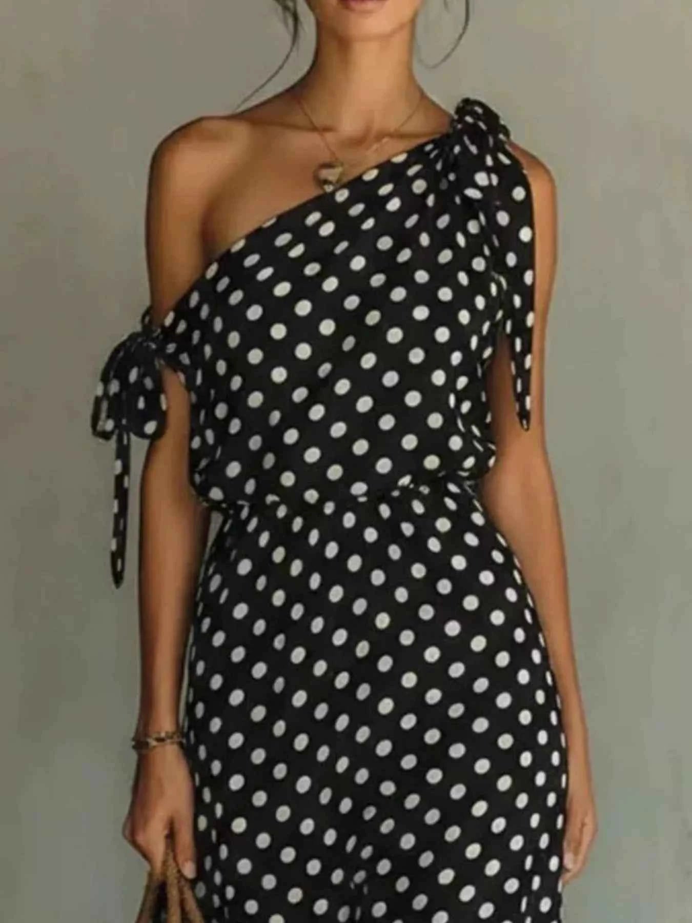 Full Size Polka Dot One-Shoulder Maxi Dress with Tie Details Plus Size