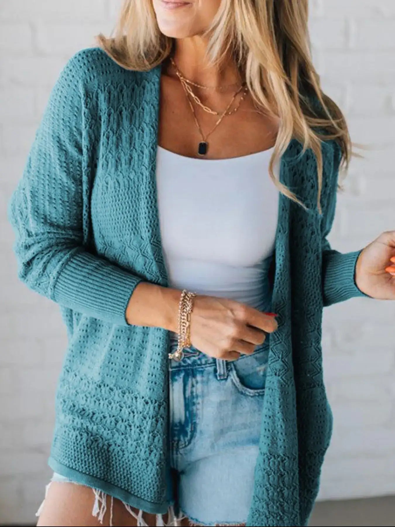 Open Front Knitted Cardigan with Eyelet Details.