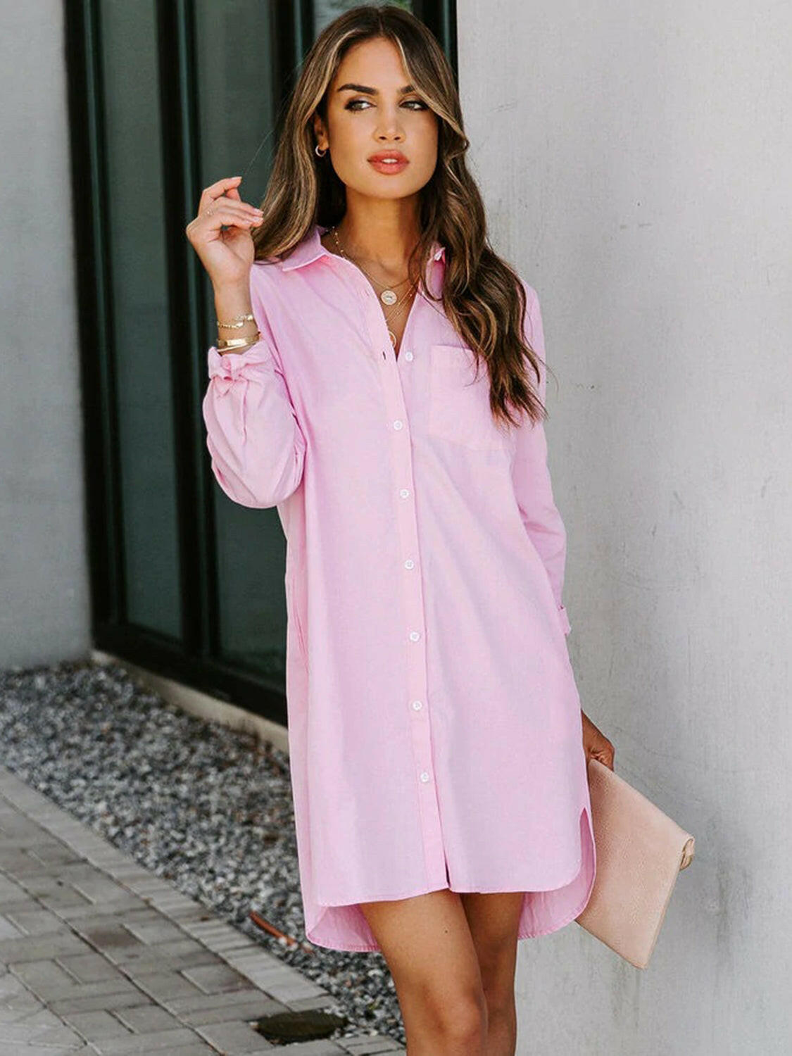 Lovelet Button Up Collared Neck Long Sleeve Shirt Dress.