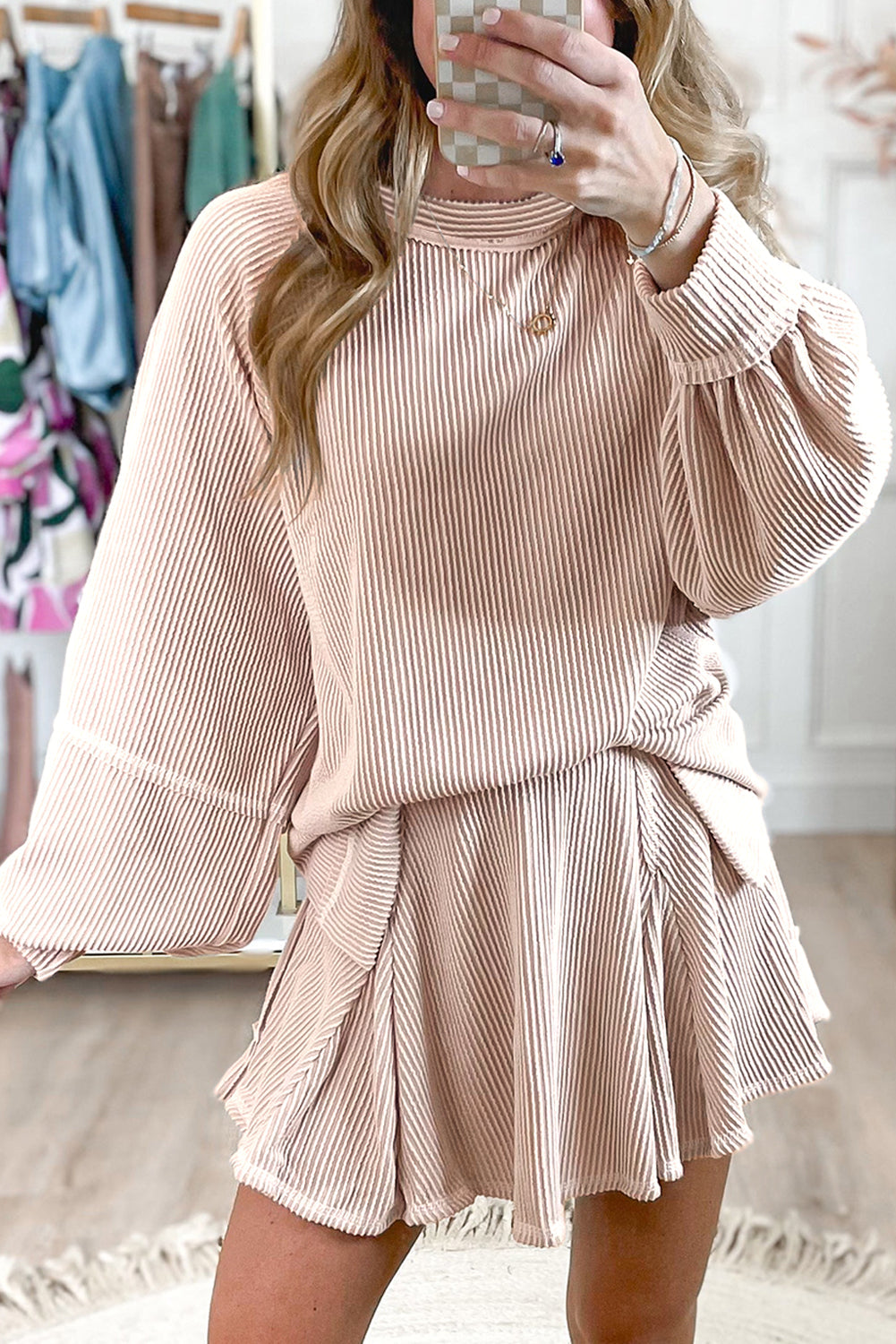 Jet Stream Corded Lantern Sleeve Top High Waist Ruffled Mini Skirt Set Dear-Lover Dropshipping