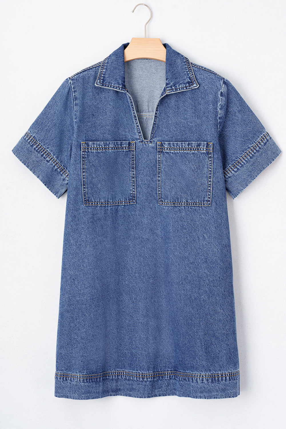 Blue Short Sleeve Collared Patched Pocket Denim Mini Dress Dear-Lover Dropshipping