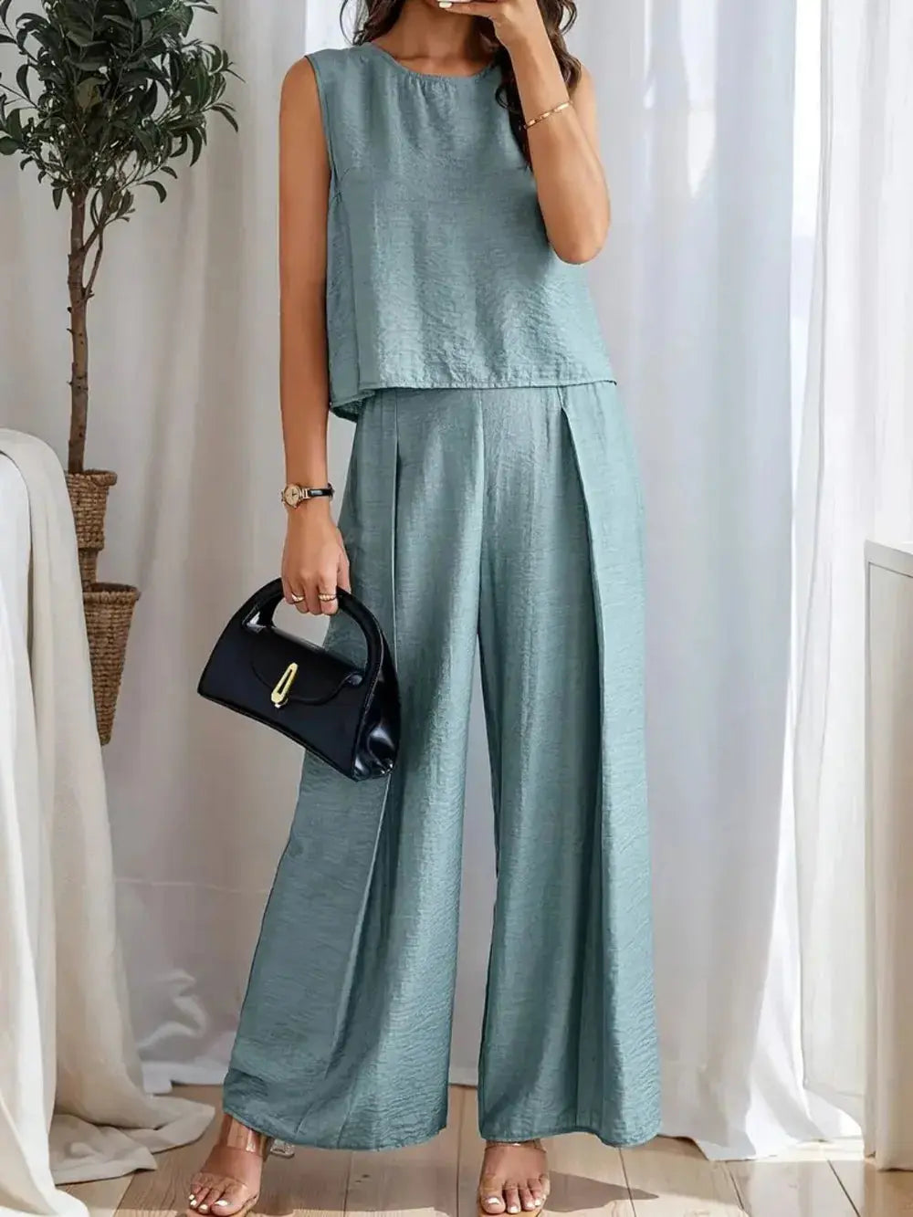 Round Neck Sleeveless Top and Wide Leg Pants Set.