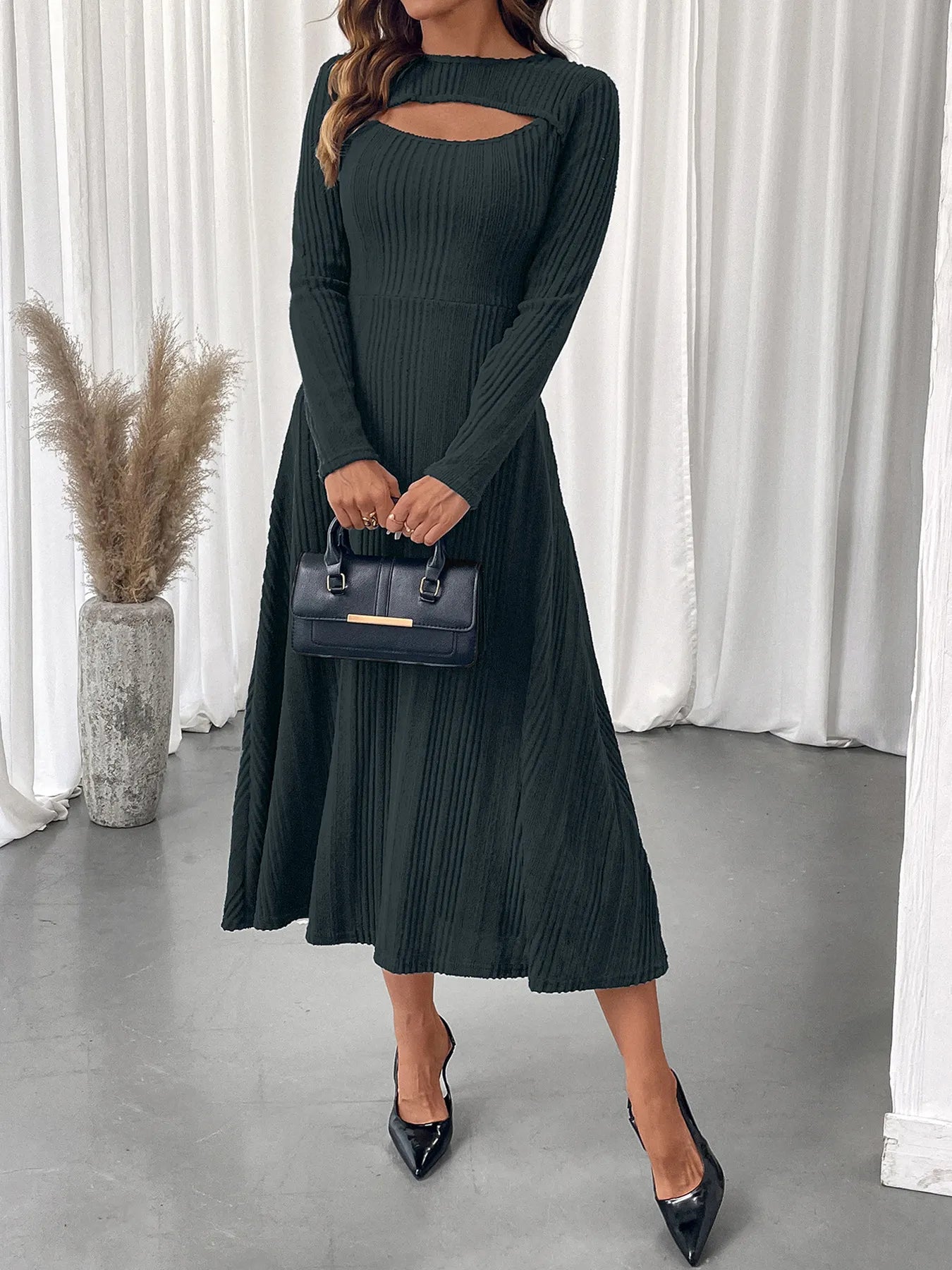 Ribbed Knit Cutout Long Sleeve Midi Dress.