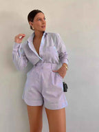 Womens Casual Loose Solid Shirt And High Waist Shorts Set